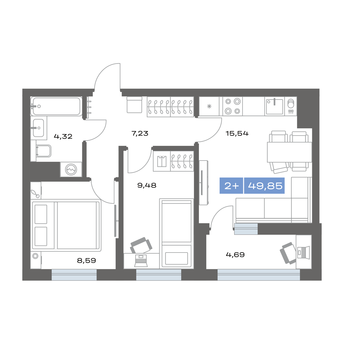 2-комнатная 49 м2 в ЖК Пятнашка корпус null этаж 7