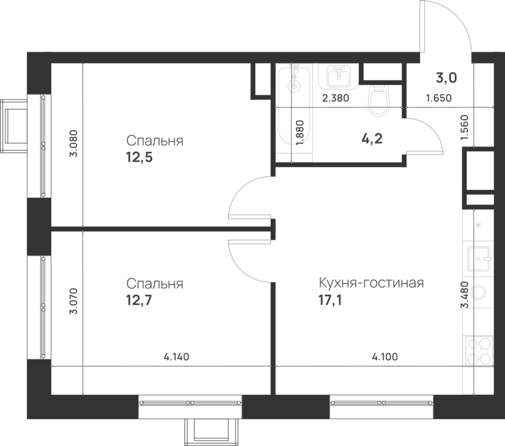 2-комнатная 49 м2 в ЖК Foreville корпус null этаж 2