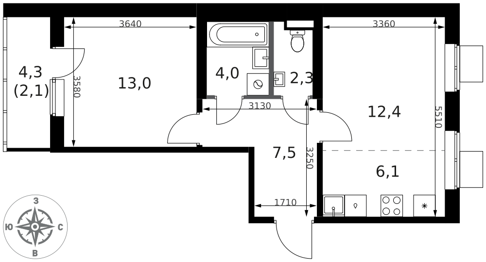 2-комнатная 47 м2 в ЖК 1-й Ясеневский корпус null этаж 9