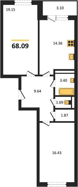 2-комнатная 68.9 м2 в ЖК undefined корпус null этаж 12
