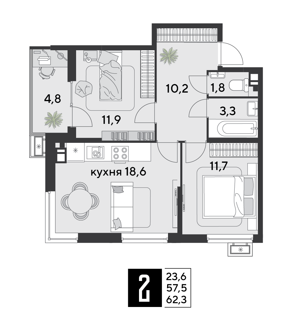 2-комнатная 62 м2 в ЖК Парк Победы 2 корпус null этаж 6