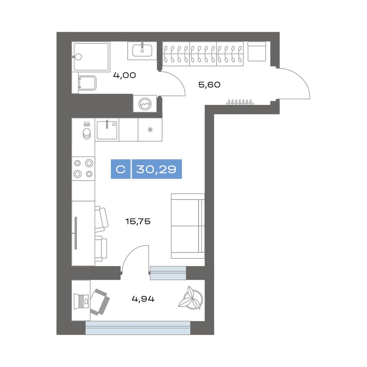 1-комнатная 30 м2 в ЖК Пятнашка корпус null этаж 9