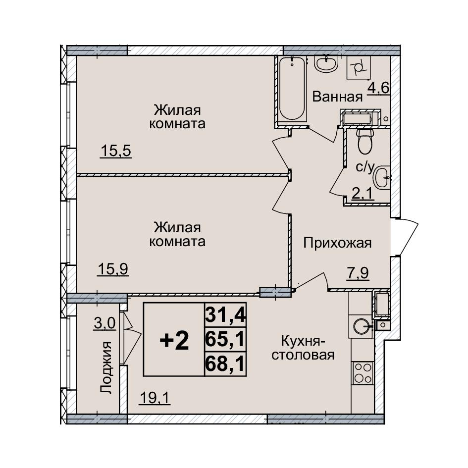 2-комнатная 68 м2 в ЖК Горизонты Нижнего корпус null этаж 13