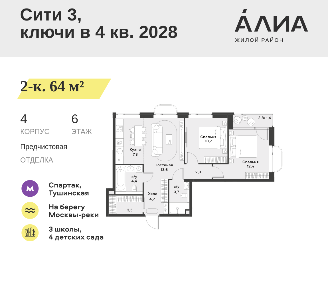 2-комнатная 64 м2 в ЖК АЛИА корпус null этаж 6