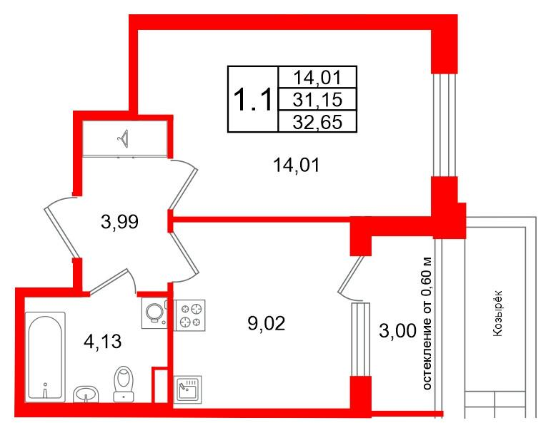 1-комнатная 31 м2 в ЖК Univer City корпус null этаж 1