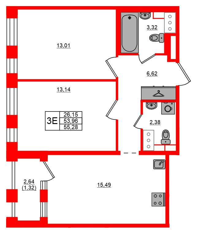 2-комнатная 55 м2 в ЖК Respect корпус null этаж 3