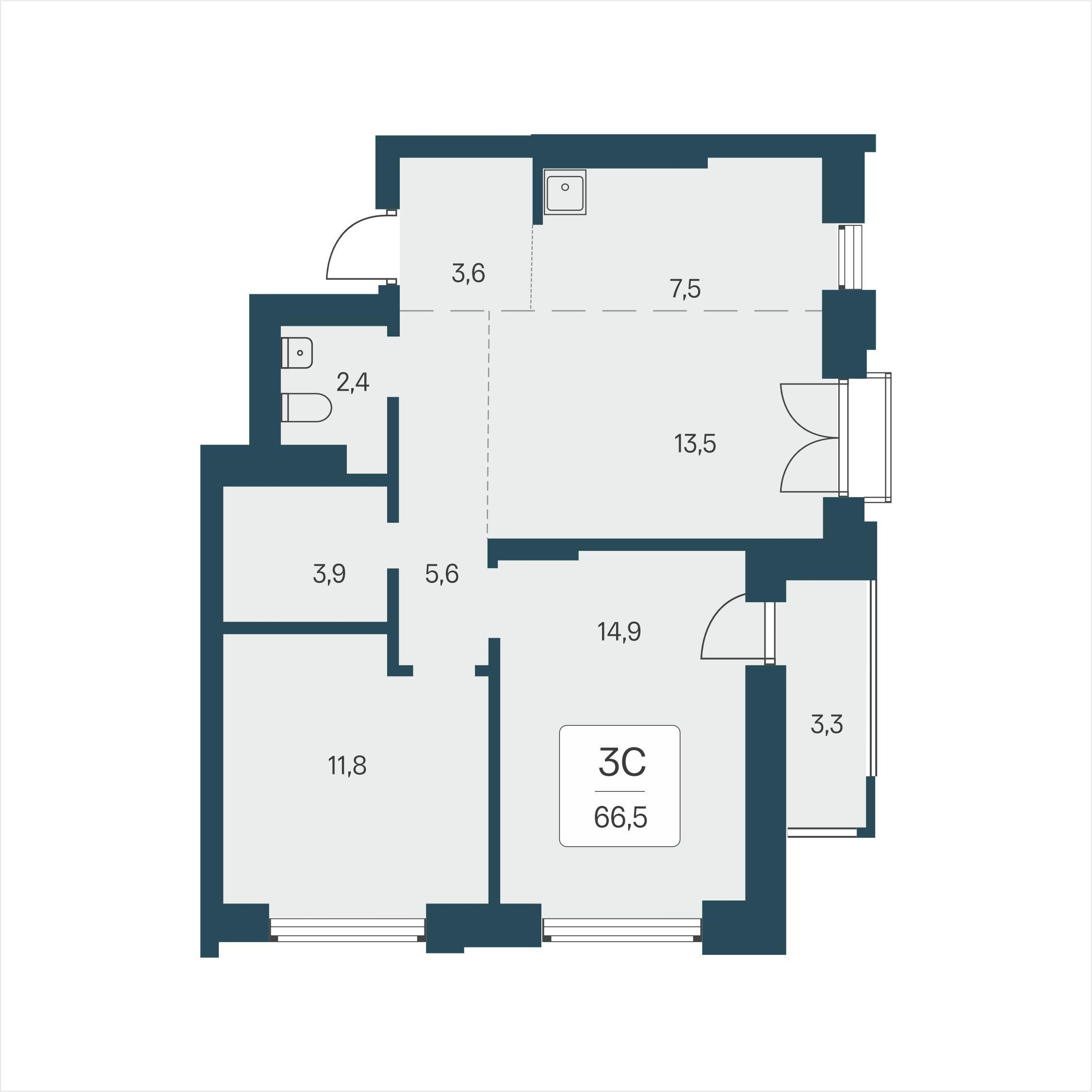 3-комнатная 66 м2 в ЖК Расцветай на Кропоткина корпус null этаж 11