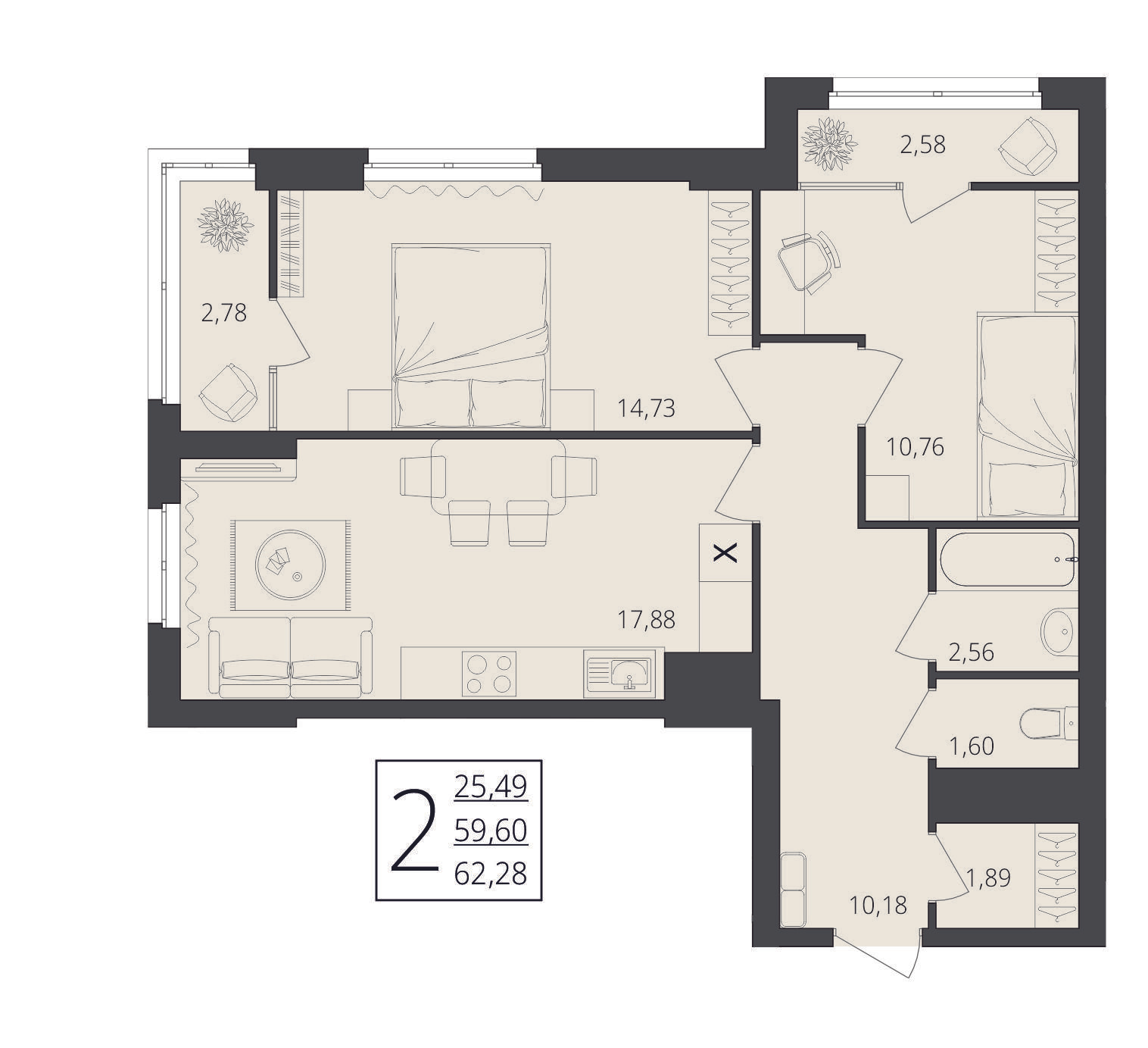 2-комнатная 62 м2 в ЖК Берег Волги корпус null этаж 8