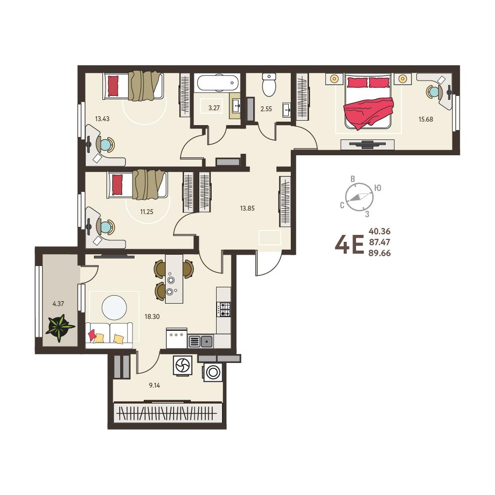 3-комнатная 89 м2 в ЖК Инстеп.Сити корпус null этаж 3