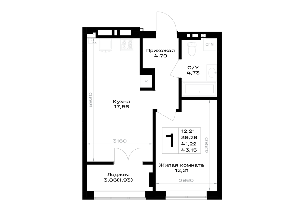 1-комнатная 41 м2 в ЖК Включи корпус null этаж 5