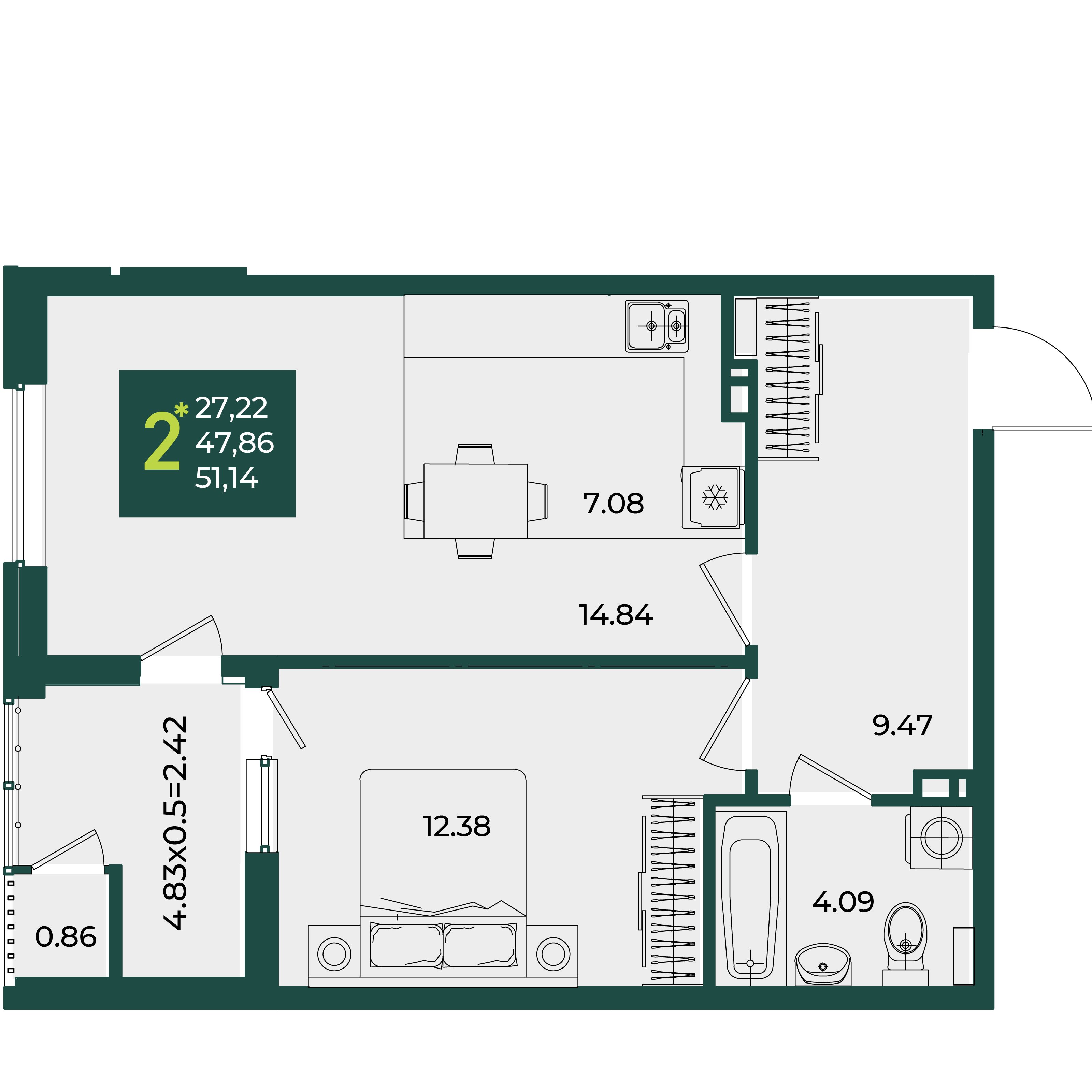 2-комнатная 51 м2 в ЖК Образцово корпус null этаж 5
