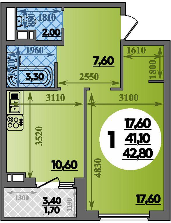 1-комнатная 42 м2 в ЖК Парк у дома корпус null этаж 12