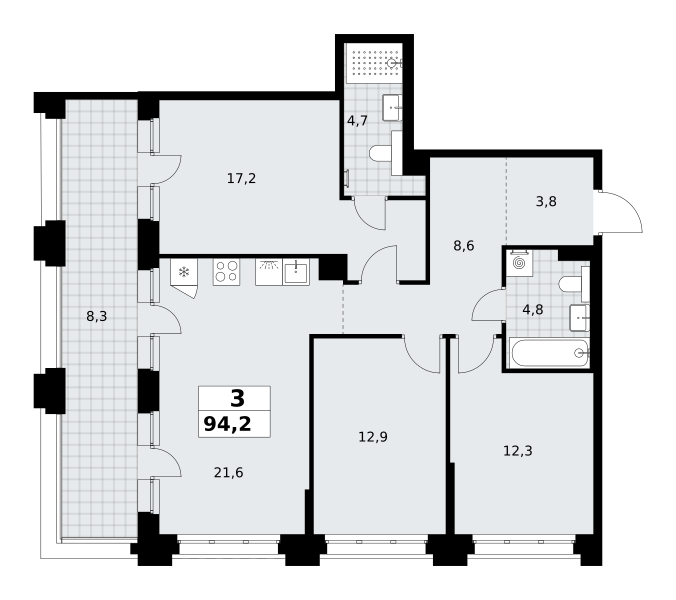 3-комнатная 94 м2 в ЖК Хольм корпус null этаж 5