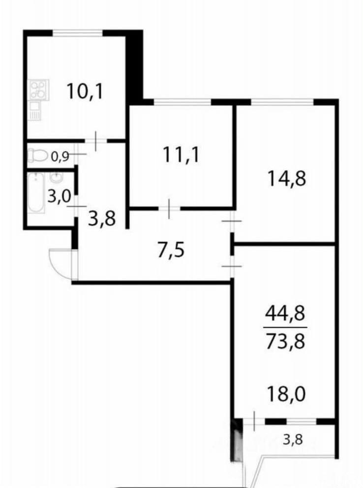 3-комнатная 74.6 м2 в ЖК undefined корпус null этаж 16