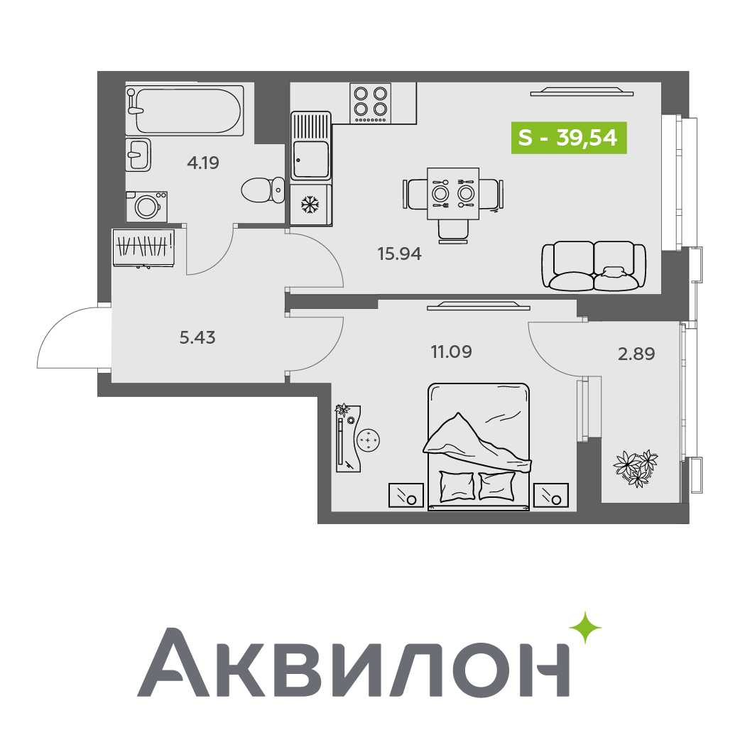 Студия 39 м2 в ЖК Аквилон АКВАРТАЛ корпус null этаж 7