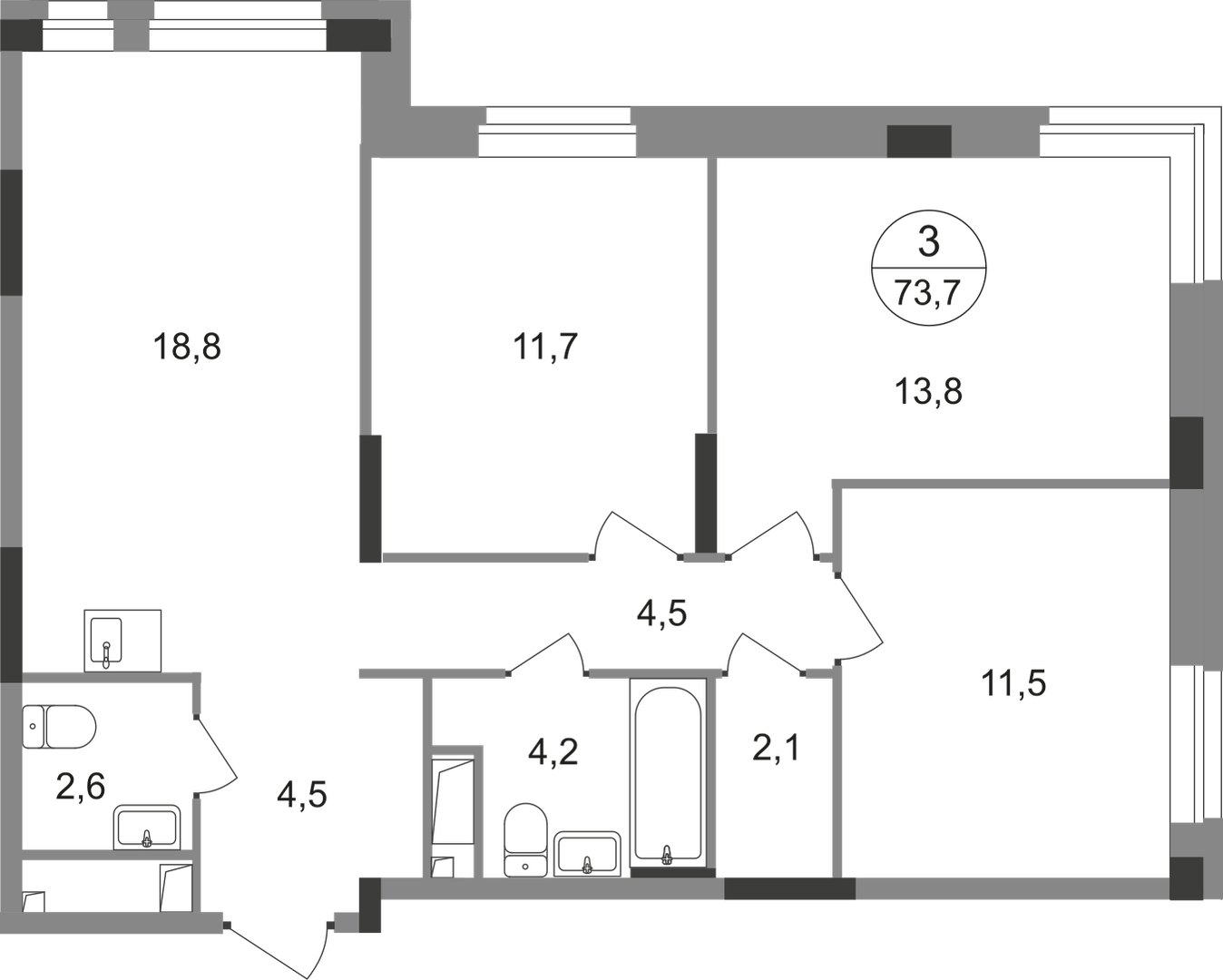 3-комнатная 73 м2 в ЖК Первый Московский корпус null этаж 14