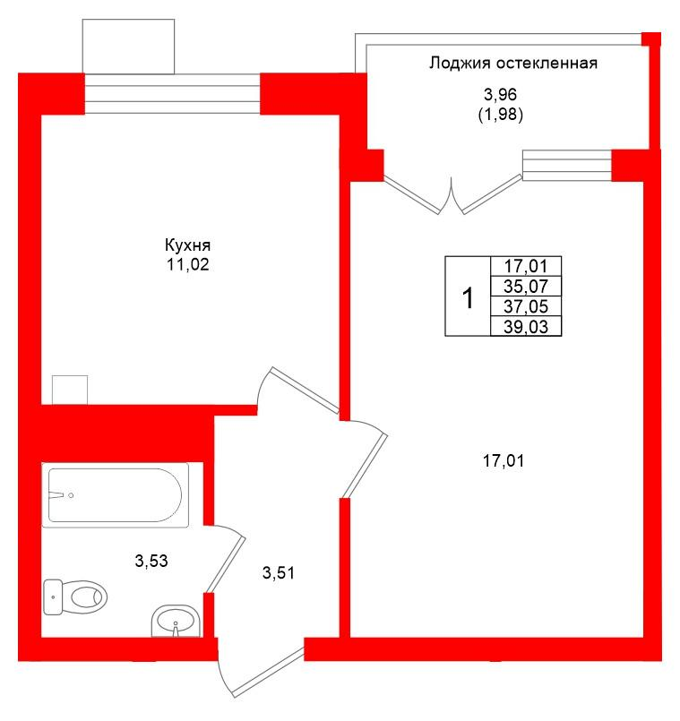 1-комнатная 37 м2 в ЖК Lake City-4 корпус null этаж 2