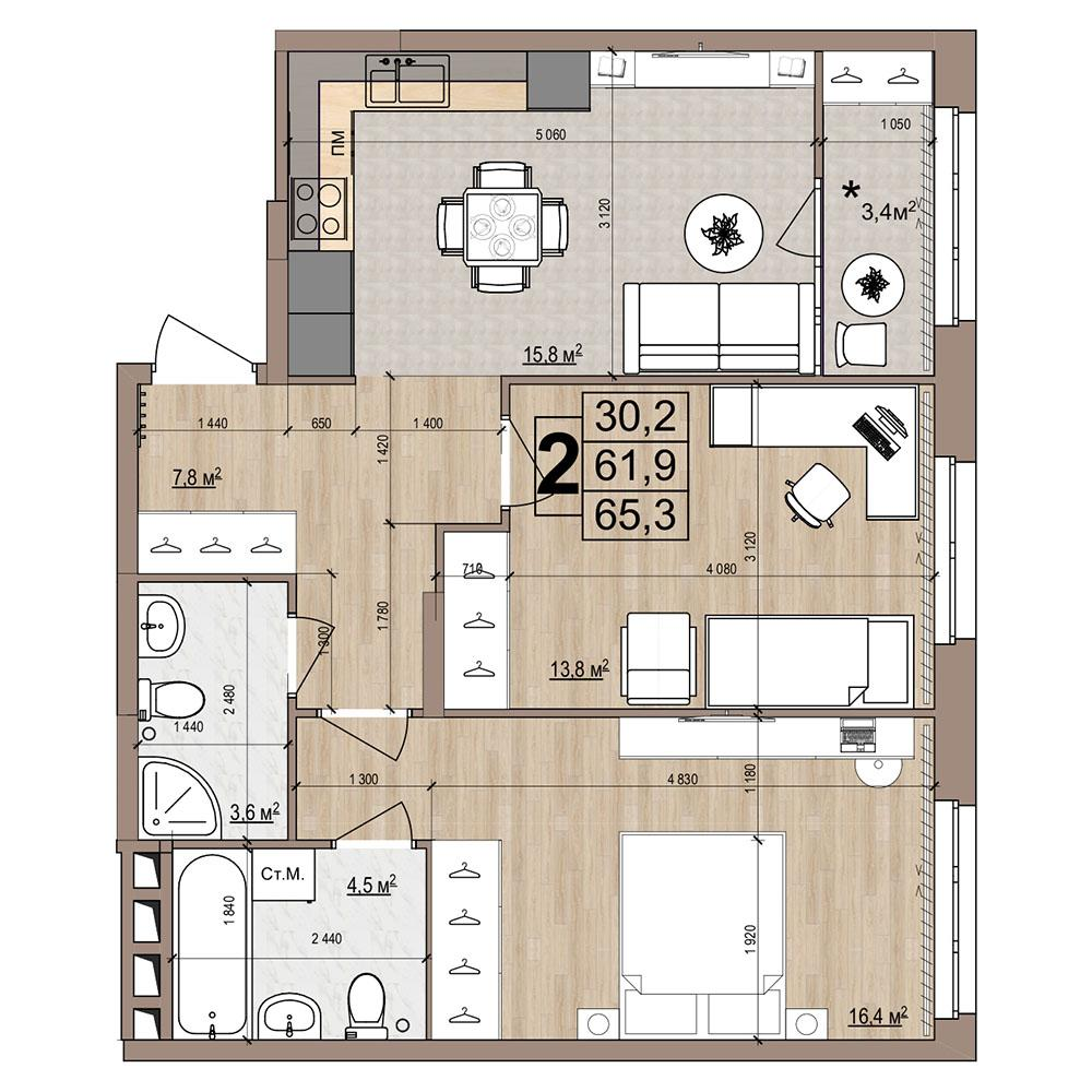 2-комнатная 65 м2 в ЖК Гранд Комфорт-2 корпус null этаж 10