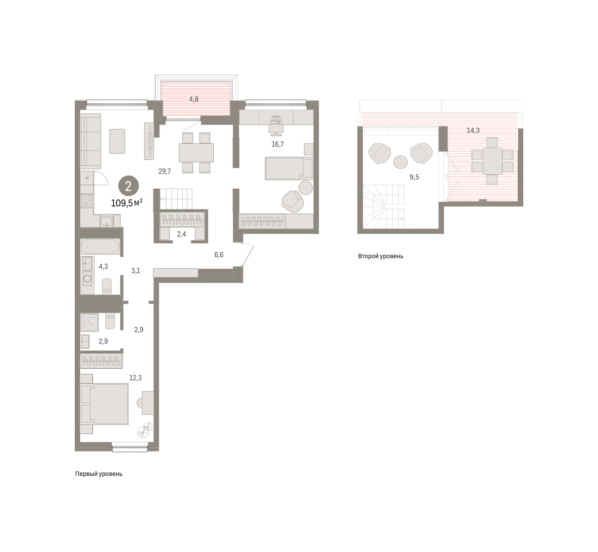 2-комнатная 109 м2 в ЖК Зарека корпус null этаж 5