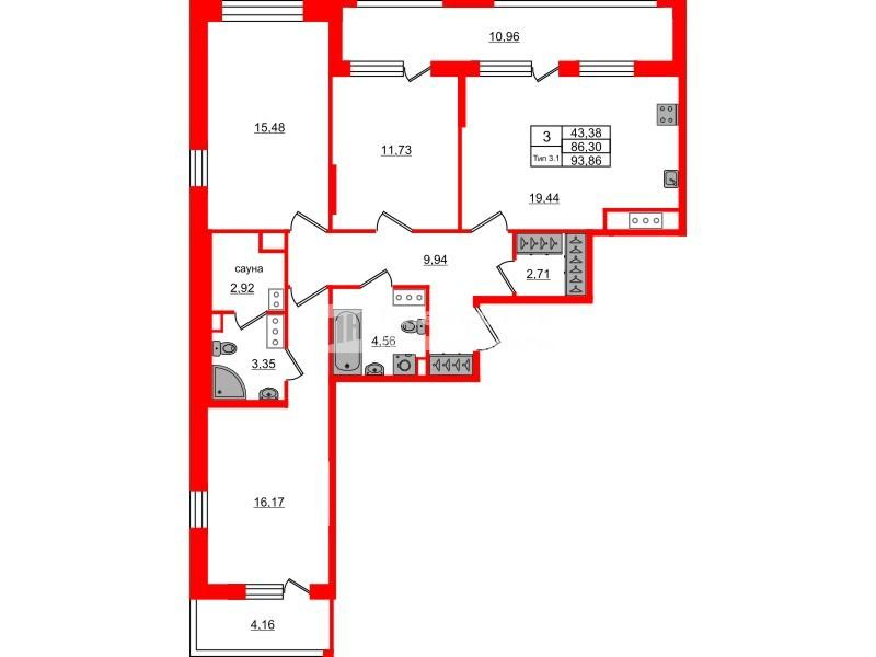 3-комнатная 86 м2 в ЖК Setl Ривьера корпус null этаж 3