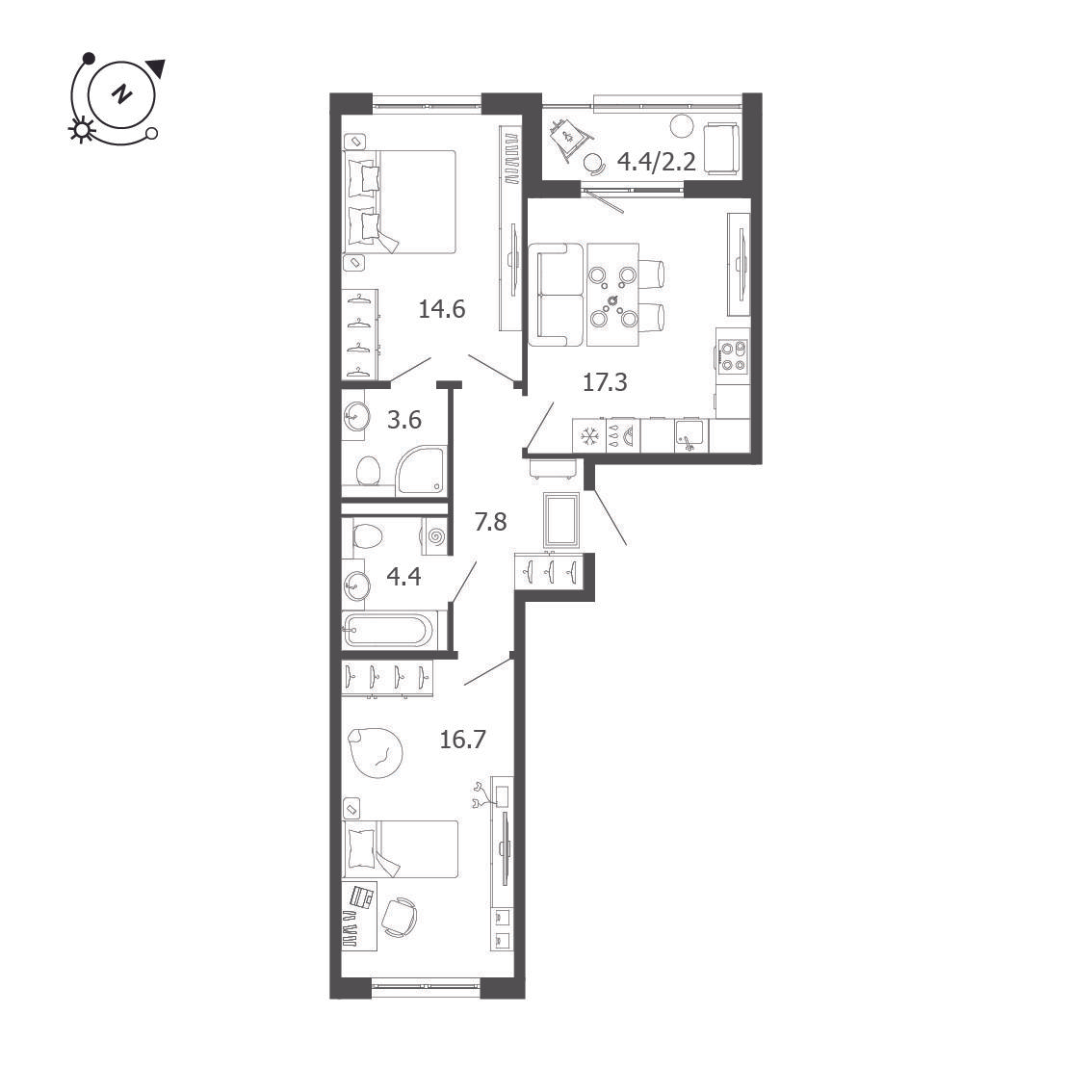 2-комнатная 66 м2 в ЖК Пулковский дом корпус null этаж 4