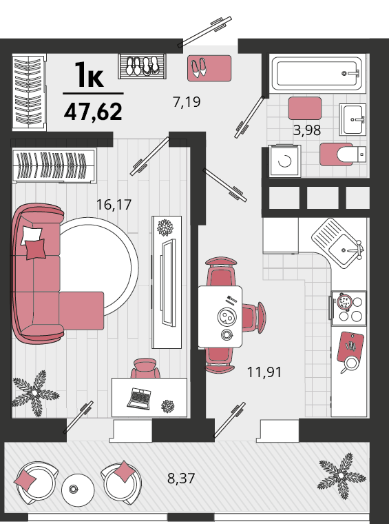 1-комнатная 47 м2 в ЖК Родные просторы корпус null этаж 11