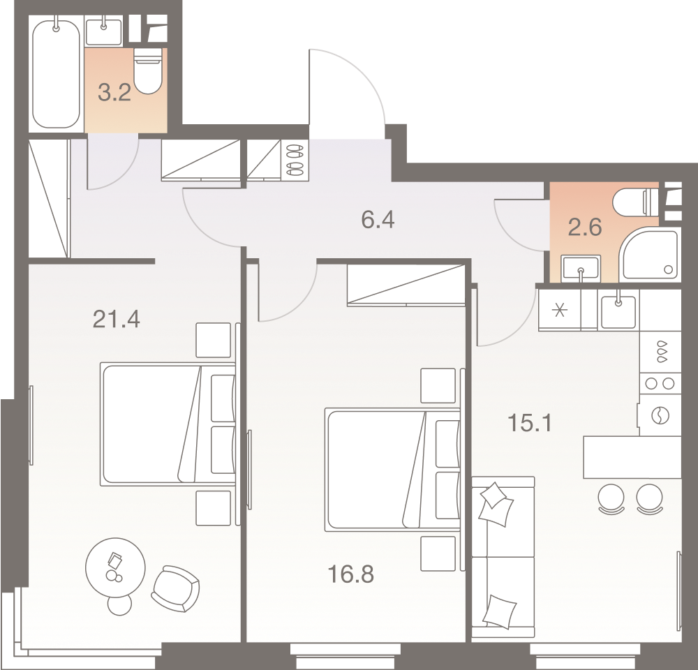 2-комнатная 65 м2 в ЖК Твелв корпус null этаж 29