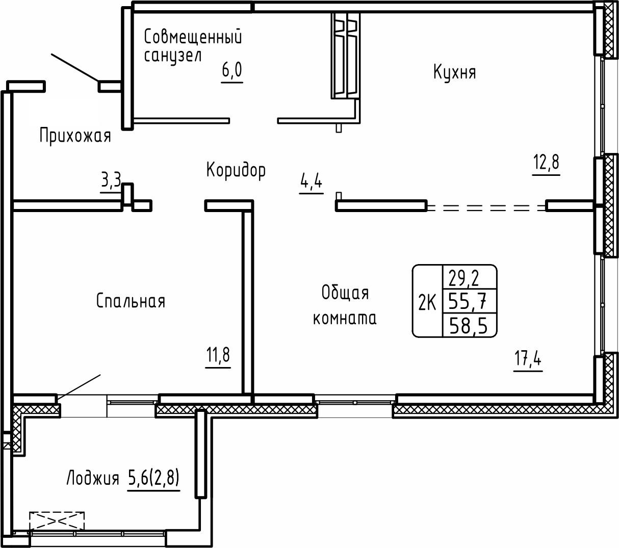 2-комнатная 58 м2 в ЖК Самоцветы корпус null этаж 14