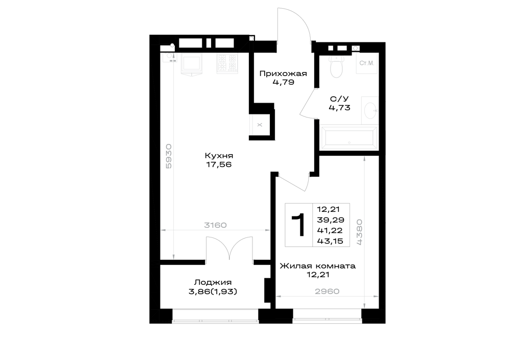 1-комнатная 41 м2 в ЖК Включи корпус null этаж 6