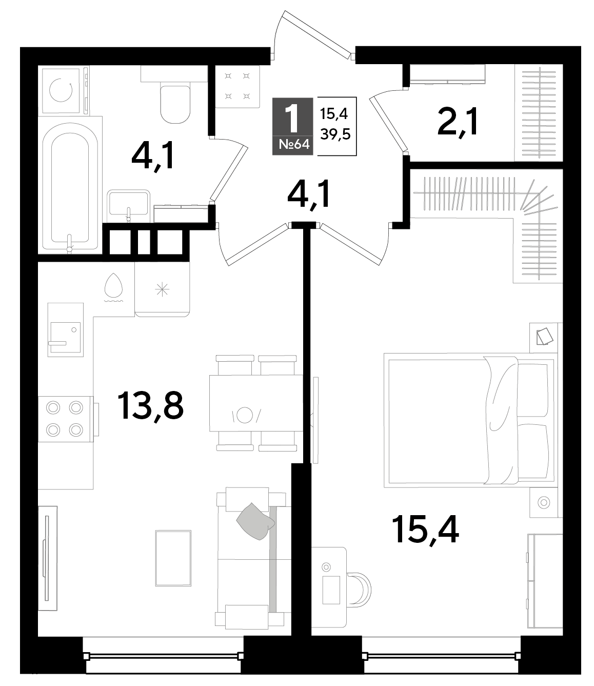 1-комнатная 39 м2 в ЖК Dogma Park корпус null этаж 9
