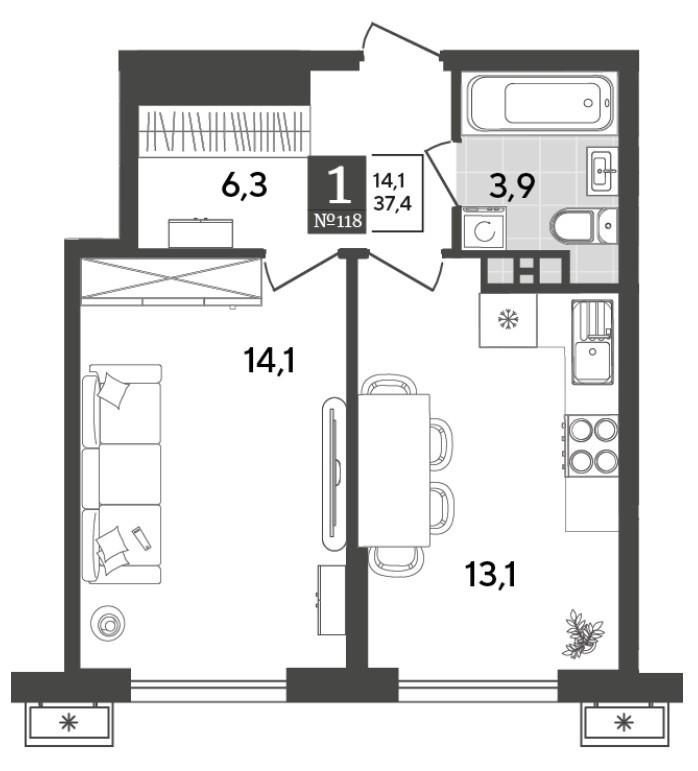 1-комнатная 37.4 м2 в ЖК undefined корпус null этаж 8