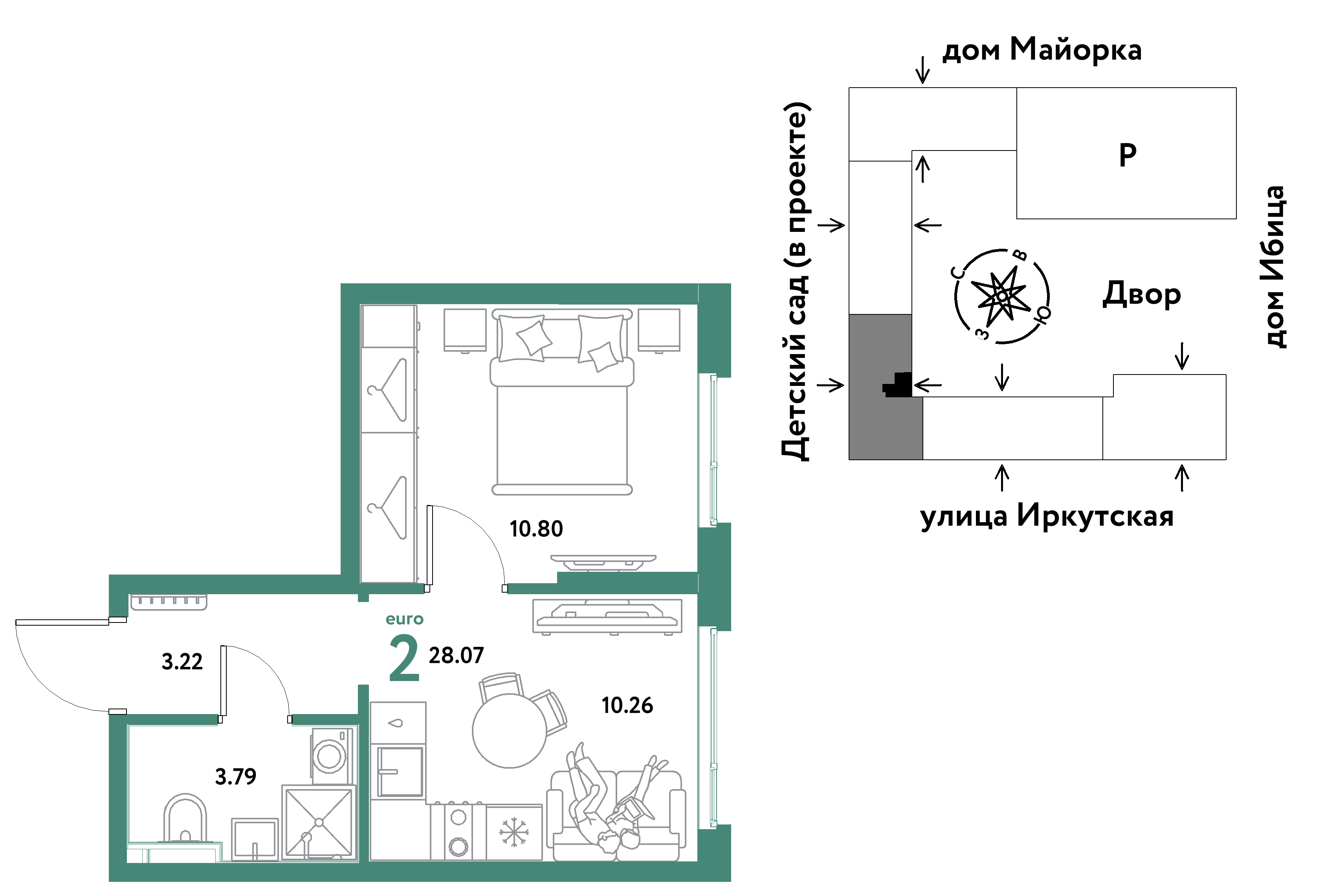 2-комнатная 28 м2 в ЖК Остров-сад корпус null этаж 6
