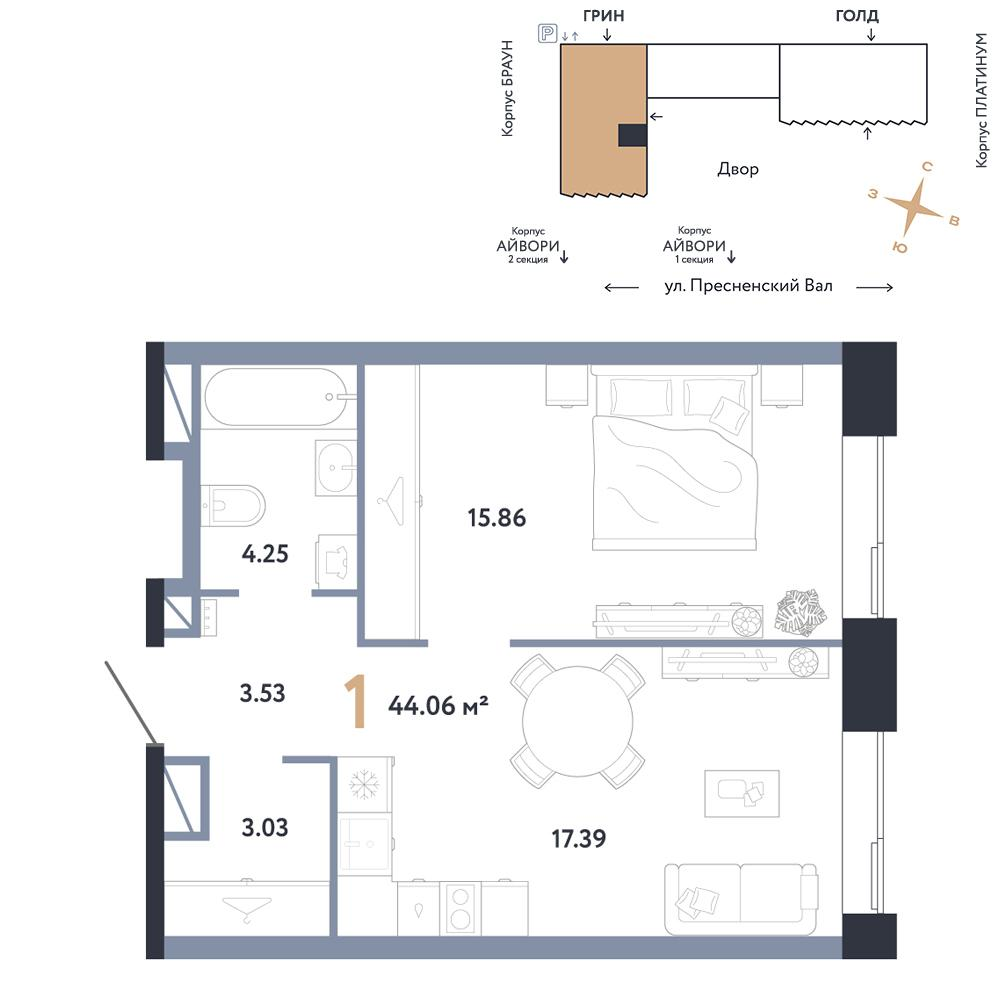 1-комнатная 44 м2 в ЖК Репаблик корпус null этаж 13