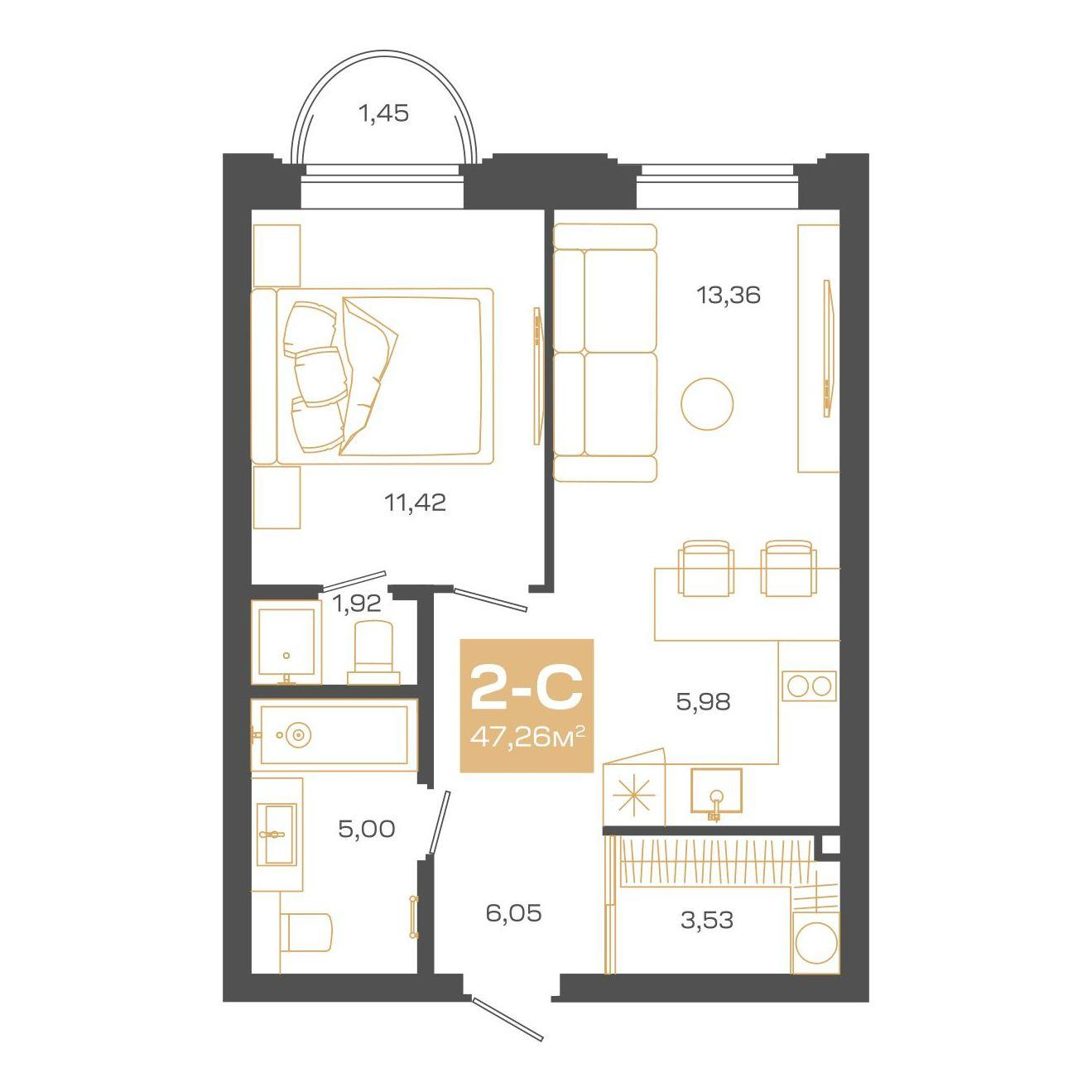 2-комнатная 47 м2 в ЖК Пульсар корпус null этаж 6