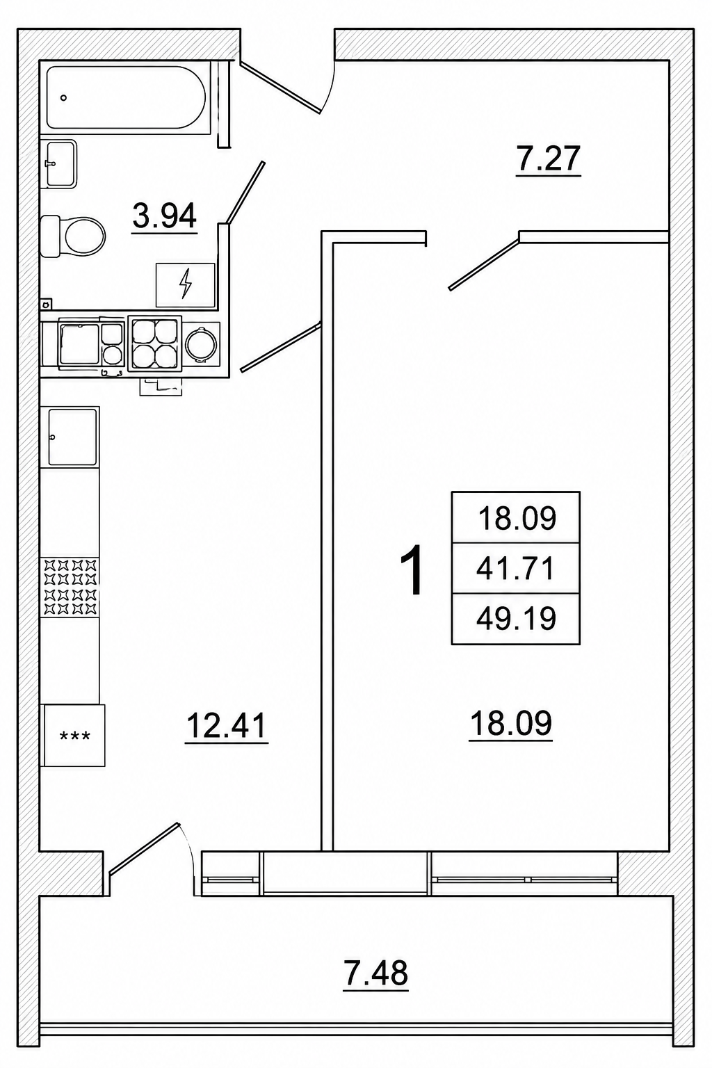 1-комнатная 42.3 м2 в ЖК undefined корпус null этаж 7