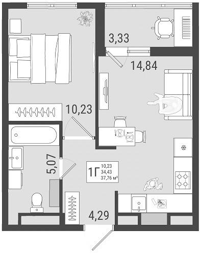 1-комнатная 36 м2 в ЖК Юго-Западный корпус null этаж 10