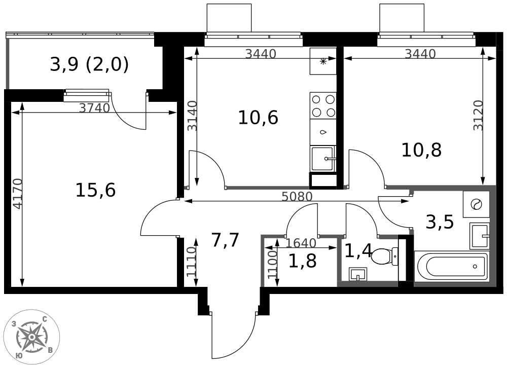 2-комнатная 53 м2 в ЖК 1-й Южный корпус null этаж 14
