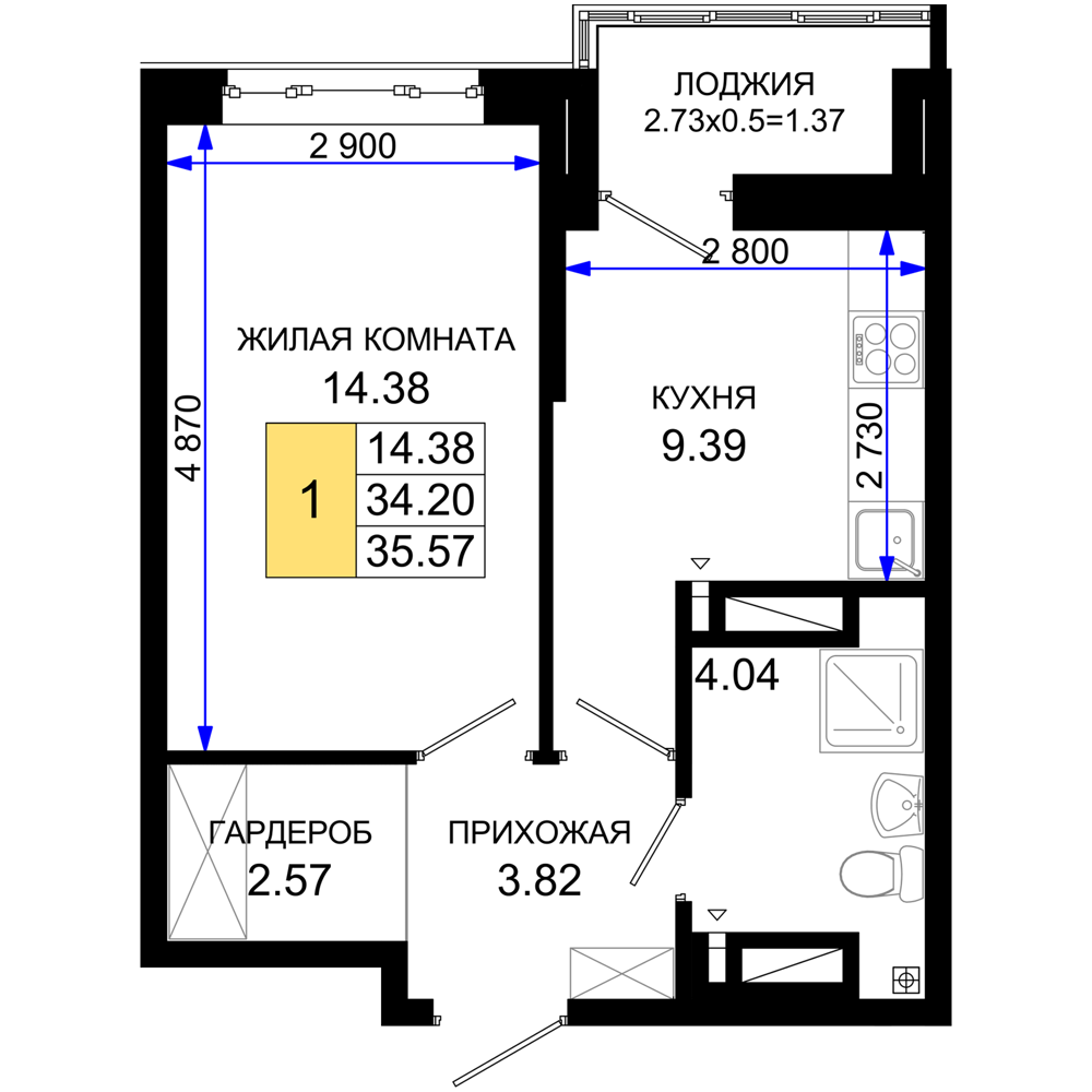 1-комнатная 35 м2 в ЖК Октябрь парк корпус null этаж 6