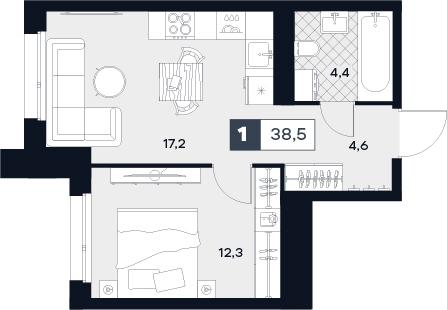 1-комнатная 38 м2 в ЖК Юту корпус null этаж 10
