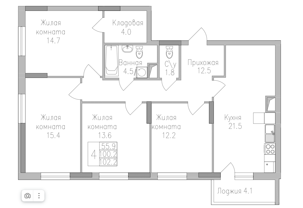 4-комнатная 102.2 м2 в ЖК undefined корпус null этаж 6