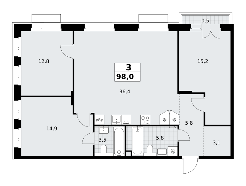 3-комнатная 98 м2 в ЖК Хольм корпус null этаж 4