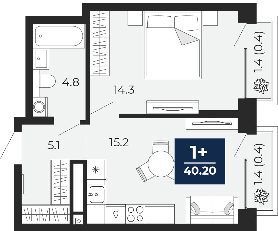 1-комнатная 39 м2 в ЖК Мириады корпус null этаж 5
