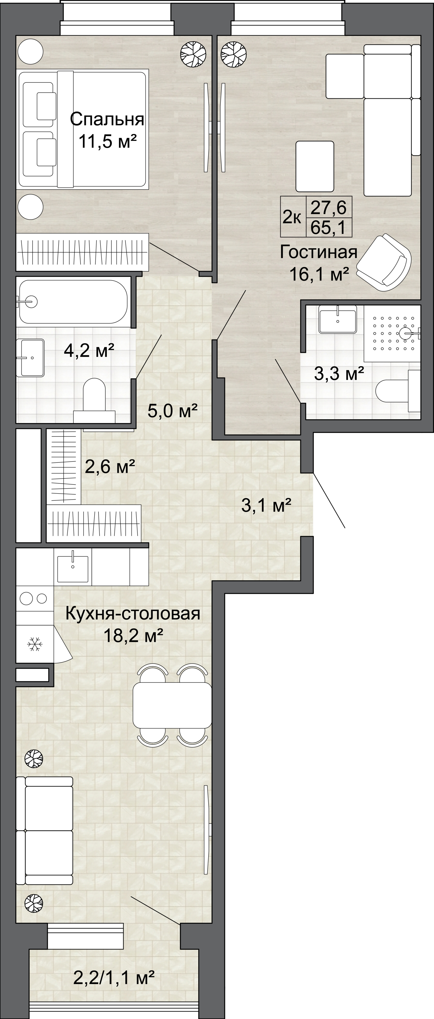 2-комнатная 65 м2 в ЖК Яблоневый Сад корпус null этаж 7