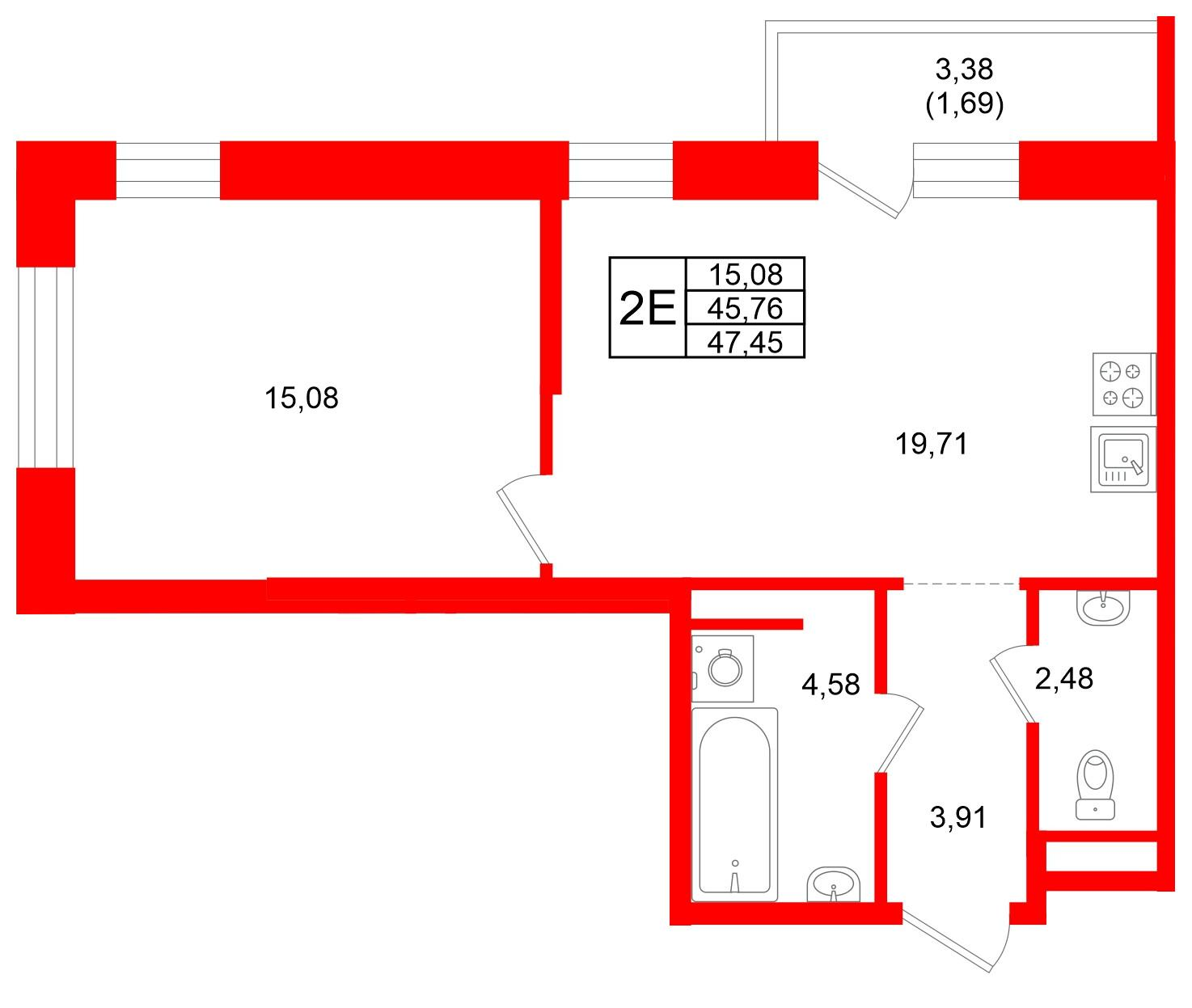 1-комнатная 47 м2 в ЖК Юнтолово корпус null этаж 2