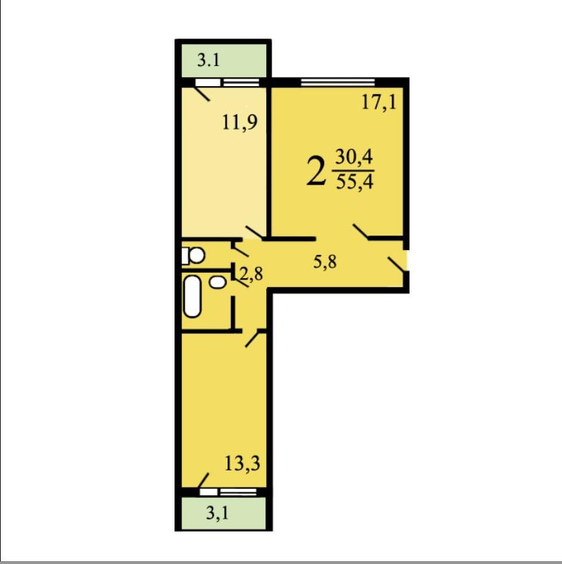 2-комнатная 55.4 м2 в ЖК undefined корпус null этаж 5