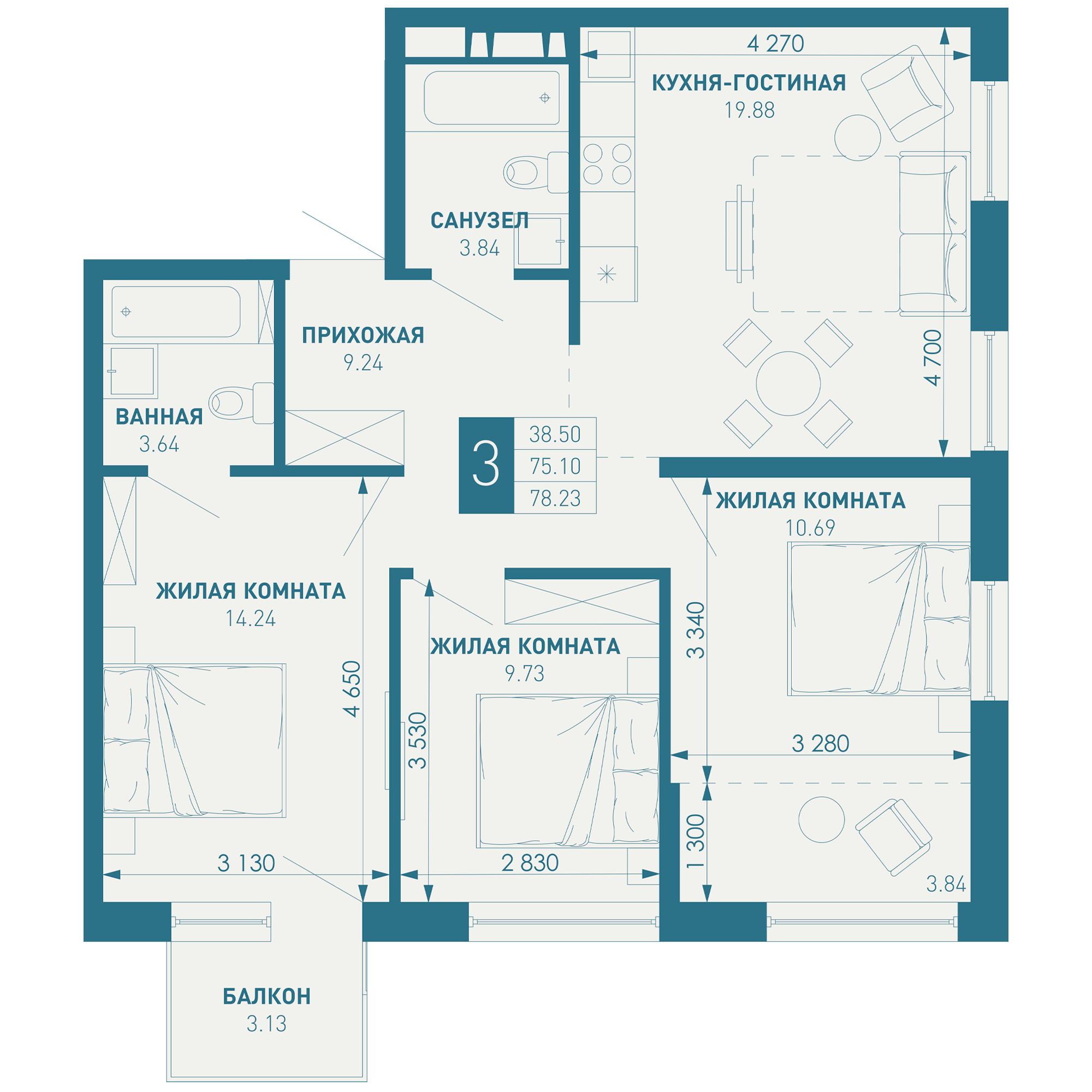 3-комнатная 78 м2 в ЖК ИНАЧЕ в Молодежном корпус null этаж 9