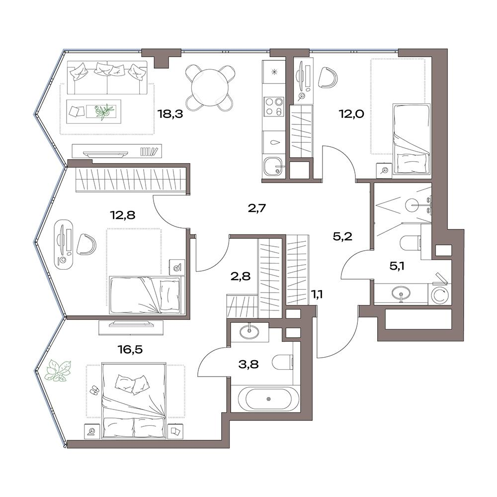 4-комнатная 80 м2 в ЖК Акценты корпус null этаж 29