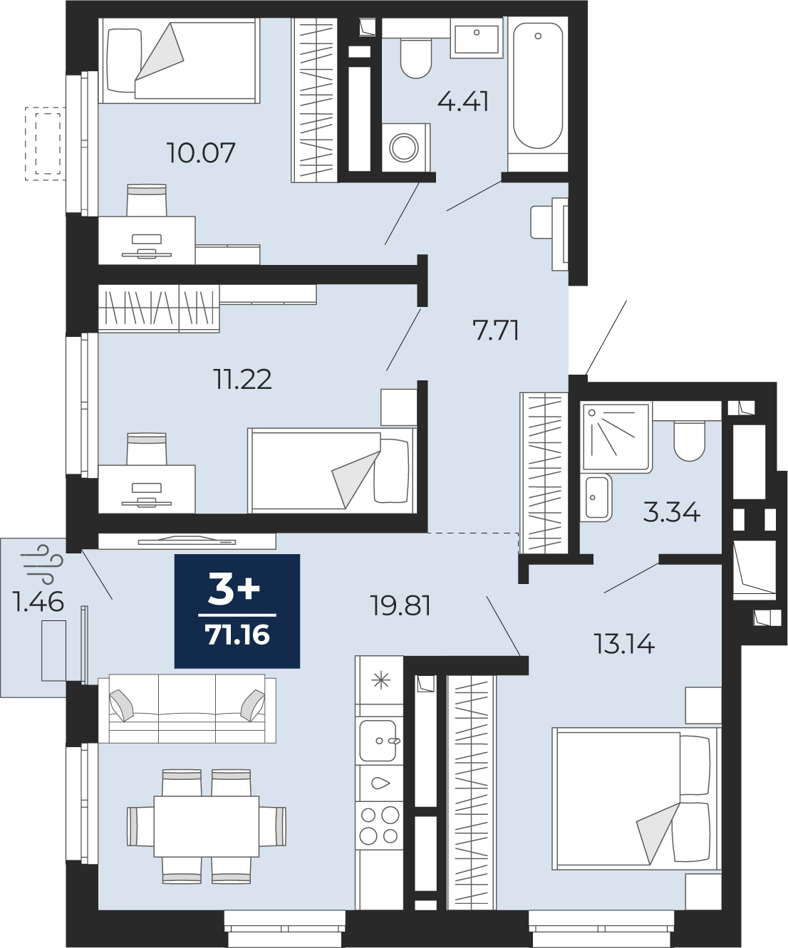 3-комнатная 69 м2 в ЖК Беринг корпус null этаж 14
