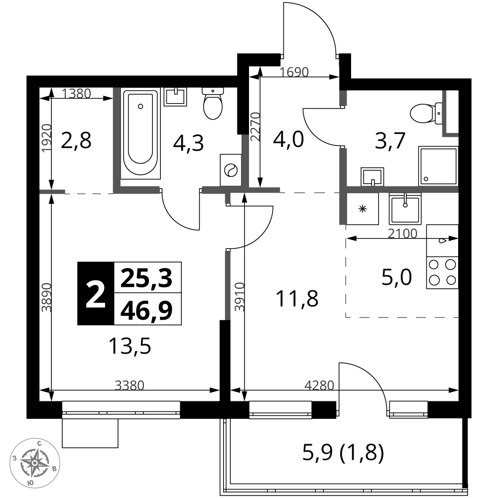 2-комнатная 46 м2 в ЖК 1-й Ясеневский корпус null этаж 5