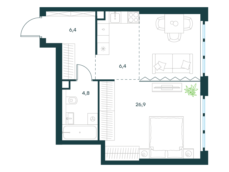 1-комнатная 44 м2 в ЖК Левел Южнопортовая корпус null этаж 36